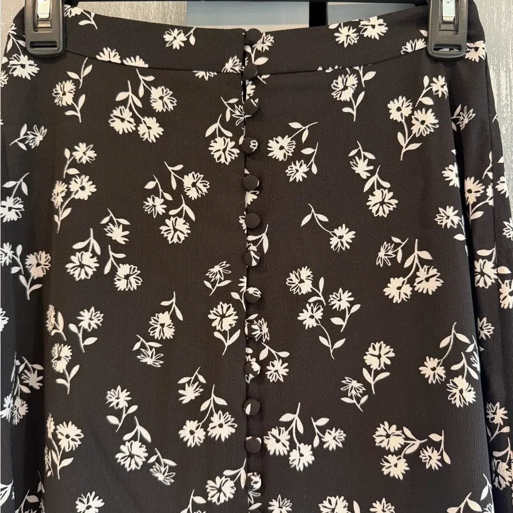 Kate Spade New York Black White Floral Button Midi Skirt High Rise Size 0